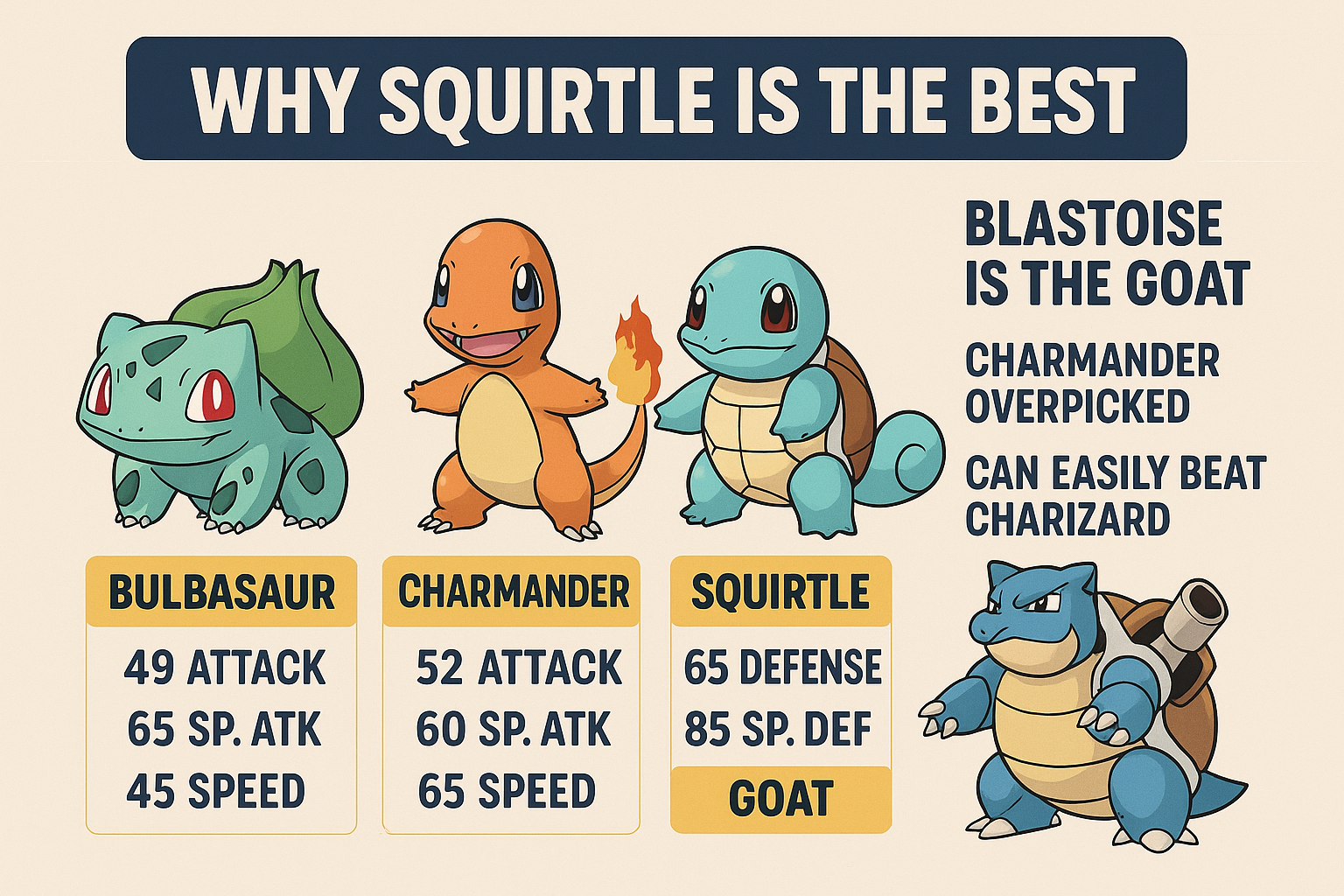 Comparativa de los tres iniciales de Kanto: ¿por qué Squirtle es el verdadero MVP y Blastoise el verdadero GOAT?